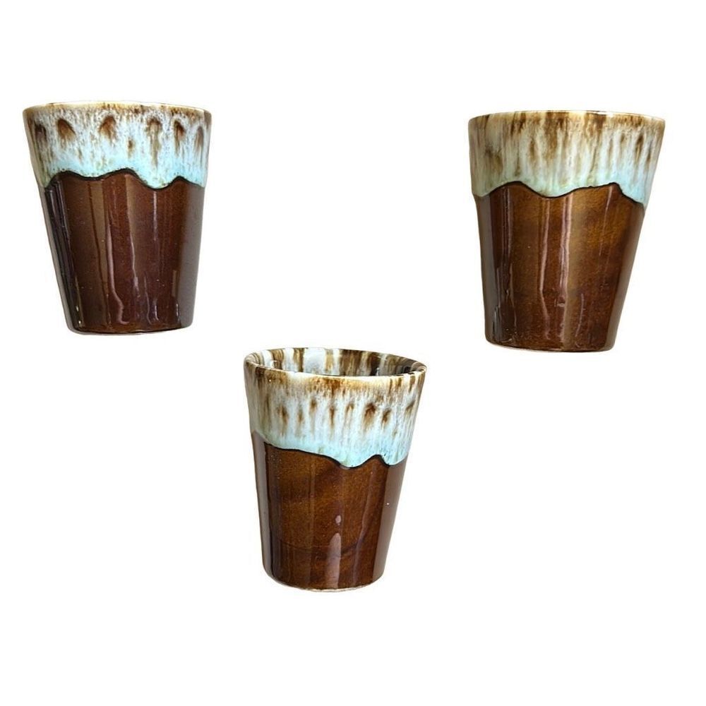 Vintage (3) Brown Drip USA Juice Glasses Rare Pottery Tumblers 3.5"